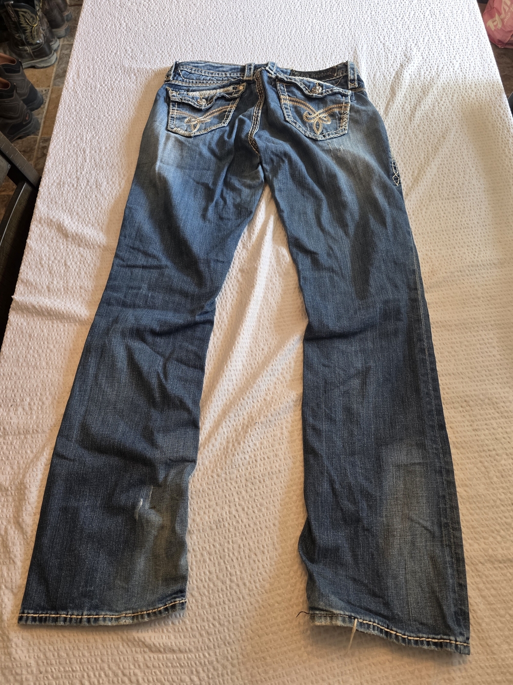 Rock Revival Men's Dark Blue Bootcut Jeans with Embroidered Pockets